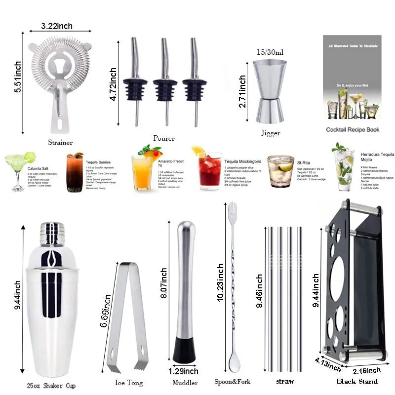 13-22Pcs 750ml 600ml Boston Cocktail Shaker Bar Tools Wine Mixer Set Bartender Cocktail Shaker Tool Kit with Holder