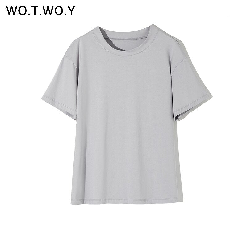 WOTWOY Solid Casual Basic T-shirt Women 2023 Summer Short Sleeve Knitted Cotton Tee Shirt Women Black White Korean Top Femme New