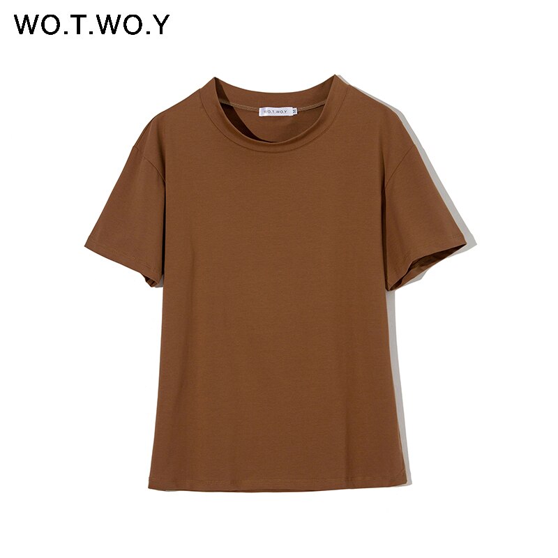 WOTWOY Solid Casual Basic T-shirt Women 2023 Summer Short Sleeve Knitted Cotton Tee Shirt Women Black White Korean Top Femme New