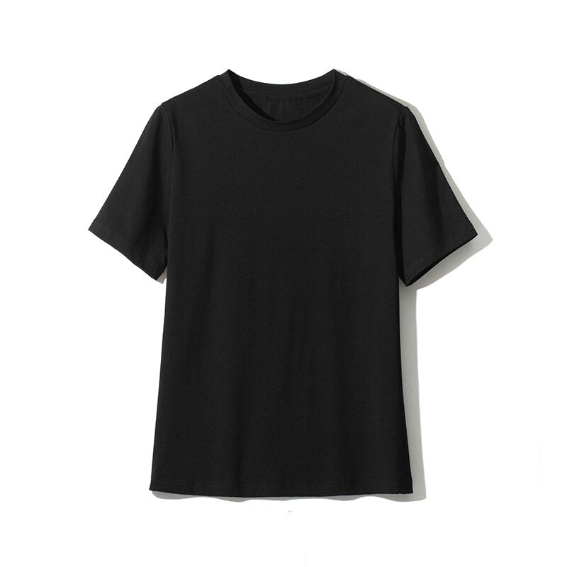 WOTWOY Solid Casual Basic T-shirt Women 2023 Summer Short Sleeve Knitted Cotton Tee Shirt Women Black White Korean Top Femme New