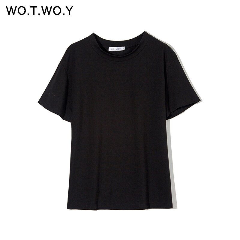 WOTWOY Solid Casual Basic T-shirt Women 2023 Summer Short Sleeve Knitted Cotton Tee Shirt Women Black White Korean Top Femme New