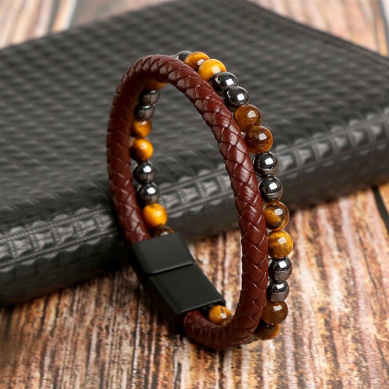 High Quality Leather Bracelet Men Classic Fashion Tiger Eye Beaded Multi Layer Leather Bracelet For Men Jewelry Gift