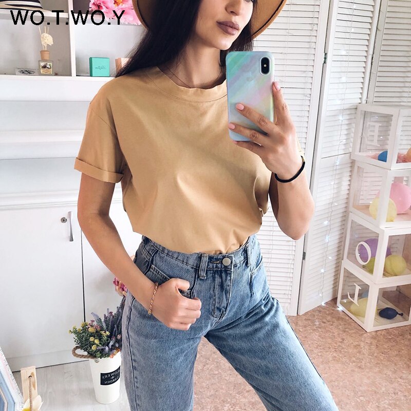 WOTWOY Solid Casual Basic T-shirt Women 2023 Summer Short Sleeve Knitted Cotton Tee Shirt Women Black White Korean Top Femme New