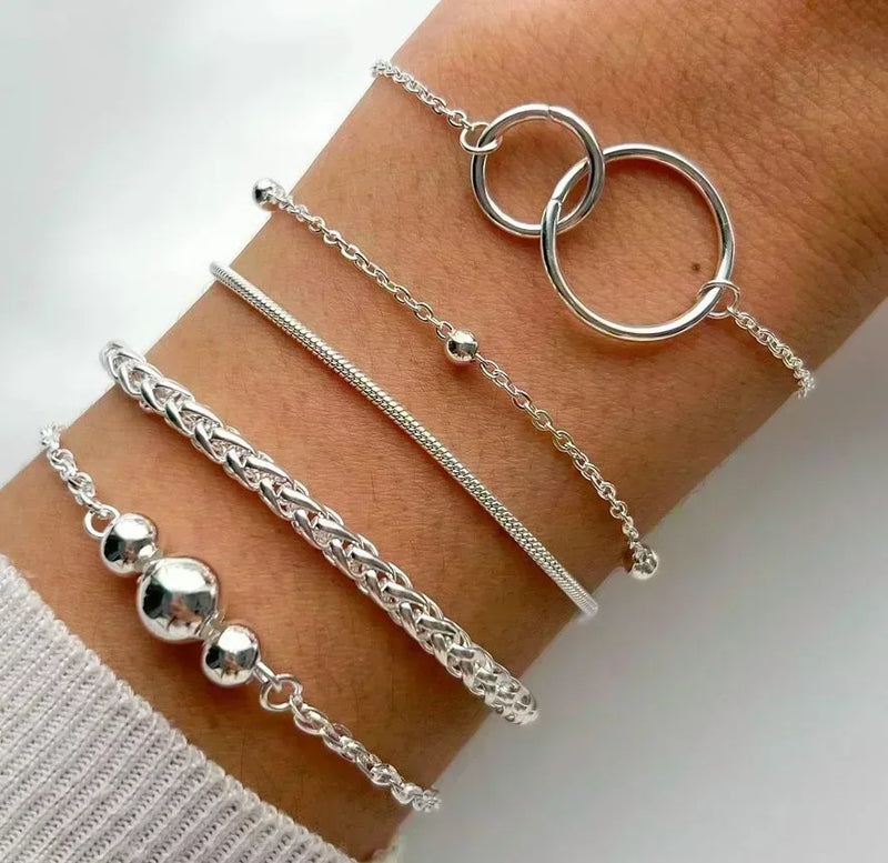 5 Pcs/Set Fashion Silver Color Heart Beads Chain Bracelets for Women Trendy Geometric Bracelets Set Party Jewelry Accessories