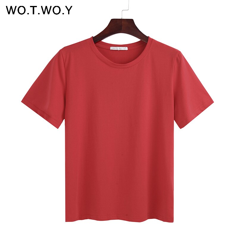 WOTWOY Solid Casual Basic T-shirt Women 2023 Summer Short Sleeve Knitted Cotton Tee Shirt Women Black White Korean Top Femme New