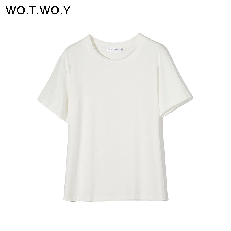 WOTWOY Solid Casual Basic T-shirt Women 2023 Summer Short Sleeve Knitted Cotton Tee Shirt Women Black White Korean Top Femme New