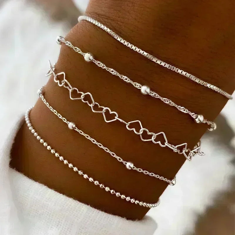 5 Pcs/Set Fashion Silver Color Heart Beads Chain Bracelets for Women Trendy Geometric Bracelets Set Party Jewelry Accessories