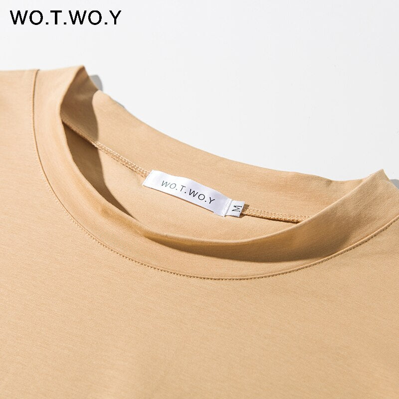 WOTWOY Solid Casual Basic T-shirt Women 2023 Summer Short Sleeve Knitted Cotton Tee Shirt Women Black White Korean Top Femme New