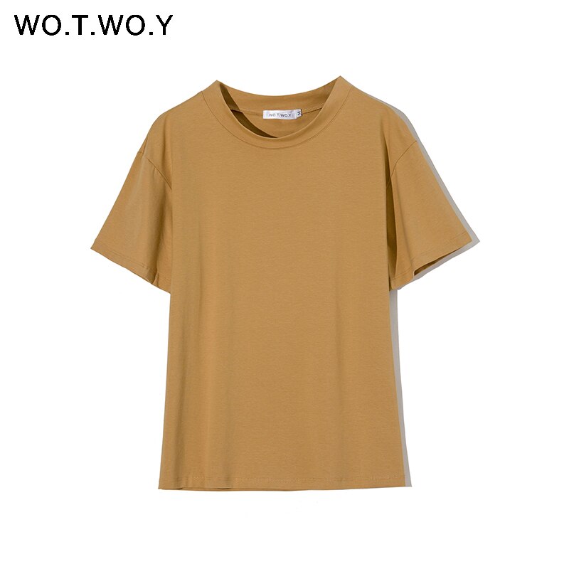 WOTWOY Solid Casual Basic T-shirt Women 2023 Summer Short Sleeve Knitted Cotton Tee Shirt Women Black White Korean Top Femme New