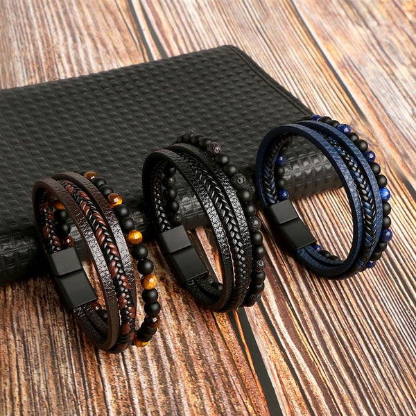 High Quality Leather Bracelet Men Classic Fashion Tiger Eye Beaded Multi Layer Leather Bracelet For Men Jewelry Gift